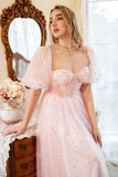 A Line Off the Shoulder Blush Pink Plus Size Ball Dress with Embroidery