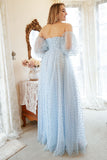 A Line Strapless Blue Printed Plus Size Ball Dress with Half Sleeves