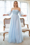 A Line Strapless Blue Printed Plus Size Ball Dress with Half Sleeves