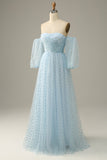 A Line Sky Blue Off The Shoulder Ball Dress with Half Sleeves
