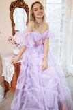 A Line Off the Shoulder Purple Corset Plus Size Ball Dress with Bowknot