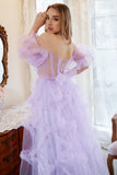 A Line Off the Shoulder Purple Corset Plus Size Ball Dress with Bowknot