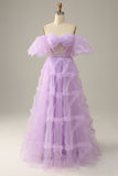 Purple A Line Off The Shoulder Floor Length Tulle Ball Dress with Bowknot