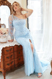 Mermaid One Shoulder Sky Blue Plus Size Tulle Ball Dress with Appliques