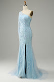 Sky Blue One Shoulder Mermaid Tulle Ball Dress With Appliques