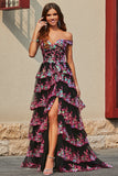 Princess A Line Off the Shoulder Black Pink Long Ball Dress with Tiered Lace