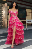 Trendy A Line Off the Shoulder Fuchsia Corset Ball Dress with Split Front