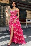 Trendy A Line Off the Shoulder Fuchsia Corset Ball Dress with Split Front