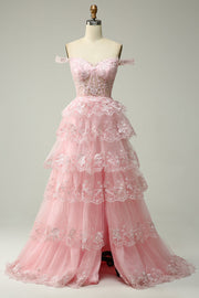 Princess A Line Off the Shoulder Pink Long Ball Dress with Appliques
