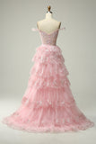 Princess A Line Off the Shoulder Pink Long Ball Dress with Appliques