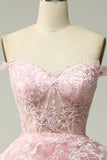 Princess A Line Off the Shoulder Pink Long Ball Dress with Appliques