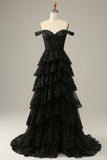 Princess A Line Off The Shoulder Black Long Tulle Tiered Ball Dress