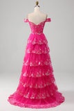 Fuchsia Off The Shoulder Long Tiered Ball Dress with Sequins