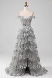 Off the Shoulder Grey Sparkly Tiered Ball Dress with Slit