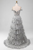 Off the Shoulder Grey Sparkly Tiered Ball Dress with Slit
