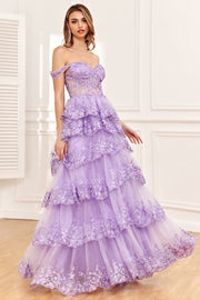 Princess A Line Off the Shoulder Purple Corset Ball Dress with Slit