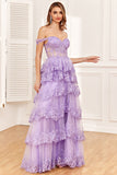 Princess A Line Off the Shoulder Purple Corset Ball Dress with Slit