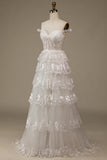 White Sparkly A Line Tiered Lace Wedding Dress with Slit