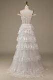 White Sparkly A Line Tiered Lace Wedding Dress with Slit