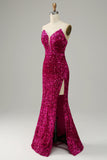 Hot Pink Sweetheart Strapless Sequin Ball Dress with Slit with Split Front