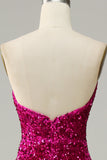 Hot Pink Sweetheart Strapless Sequin Ball Dress with Slit with Split Front