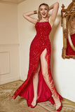 Red Sequin Fringes Plus Size Ball Dress with Slit
