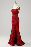 Red Sparkly Mermaid Backless Long Ball Dress with Fringes