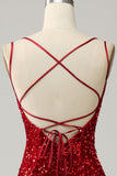 Red Sparkly Mermaid Backless Long Ball Dress with Fringes