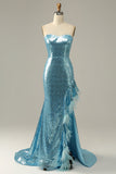 Sky Blue Sweetheart Sequined Mermaid Ball Dress With Feathers