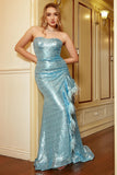 Sky Blue Strapless Sequins Plus Size Ball Dress with Feathers