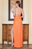 Orange Sheath Halter Sequins Long Ball Dress with Open Back