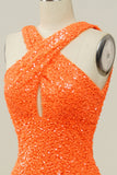 Orange Halter Sequined Backless Mermaid Ball Dress