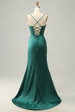 Mermaid Spaghetti Straps Dark Green Long Ball Dress with Split Front
