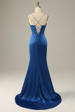 Royal Blue Spaghetti Straps Satin Mermaid Ball Dress