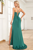 Mermaid Spaghetti Straps Dark Green Long Ball Dress with Split Front