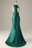 Dark Green Halter Lace Up Mermaid Ball Dress With Slit