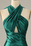 Dark Green Halter Lace Up Mermaid Ball Dress With Slit