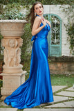 Royal Blue Halter Lace Up Backless Ball Dress