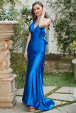 Royal Blue Halter Lace Up Backless Ball Dress