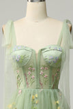 Green A Line Tulle Corset Floor Length Ball Dress with Embroidered Floral