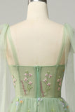 Green A Line Tulle Corset Floor Length Ball Dress with Embroidered Floral