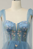 Grey Blue A Line Corset Long Tulle Ball Dress with Embroidered Floral