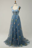 Grey Blue A Line Corset Long Tulle Ball Dress with Embroidered Floral