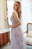 Lavender Tulle A Line Corset Plus Size Ball Dress with Embroidered Floral