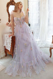 Lavender Tulle A Line Corset Plus Size Ball Dress with Embroidered Floral