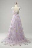 Lavender A-line Corset Long Tulle Ball Dress with Embroidered Floral
