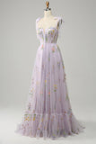 Lavender A-line Corset Long Tulle Ball Dress with Embroidered Floral