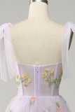 Lavender A Line Corset Long Ball Dress with Embroidered Floral