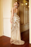 Luxurious Mermaid Deep V Neck Golden Long Ball Dress with Silt