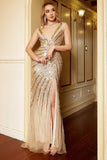 Luxurious Mermaid Deep V Neck Golden Long Ball Dress with Silt